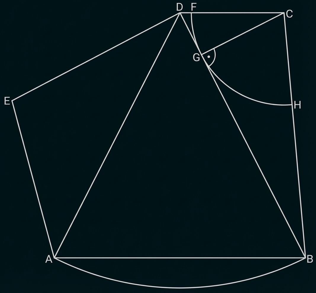 Geometrische Skizze mit beschrifteten Punkten A–H, verbundenen Linien, Dreiecken und zwei Kreisbögen.